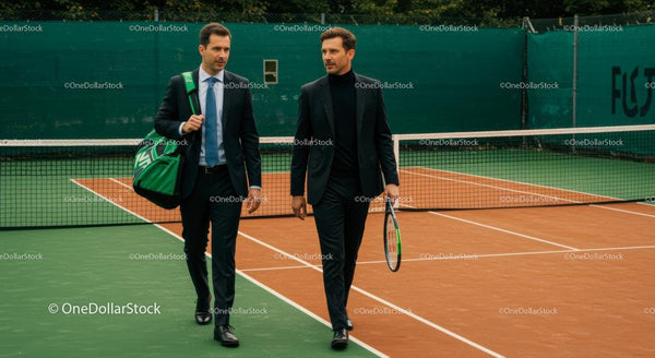 Businessmen Discussing Strategy on Tennis Court