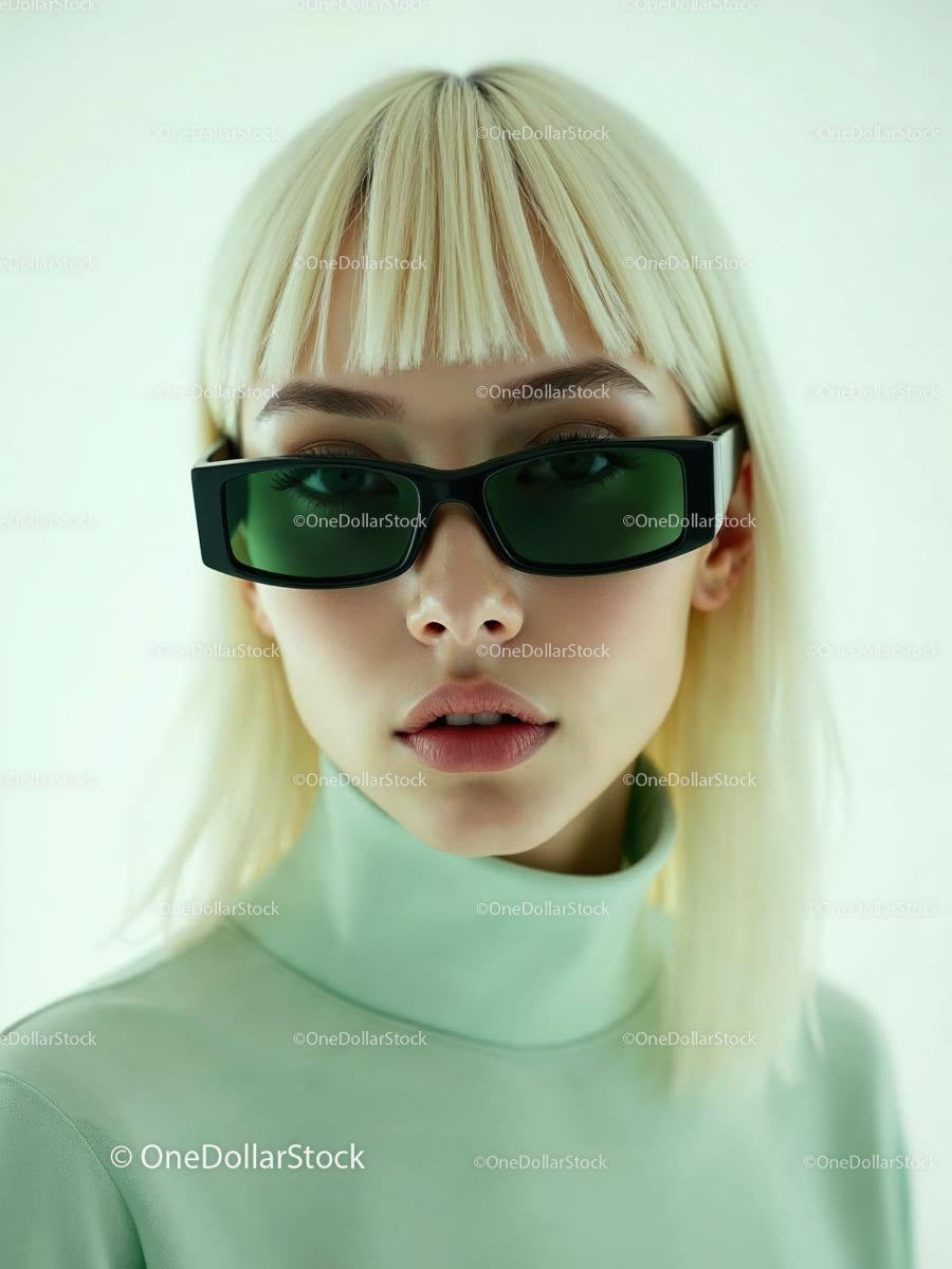 Stylowa blond modelka z nowoczesnymi zielonymi okularami przeciwsłonecznymi