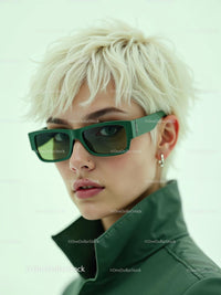 Stylish Woman with Short Blonde Hair and Green Sunglasses