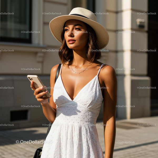Stylish Woman in Straw Hat and White Summer Dress