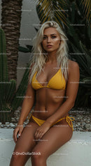 Blonde Woman in Yellow Bikini with Tropical Background