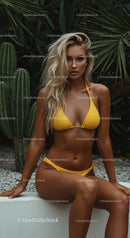 Confident Woman in Yellow Bikini Amidst Tropical Cactus