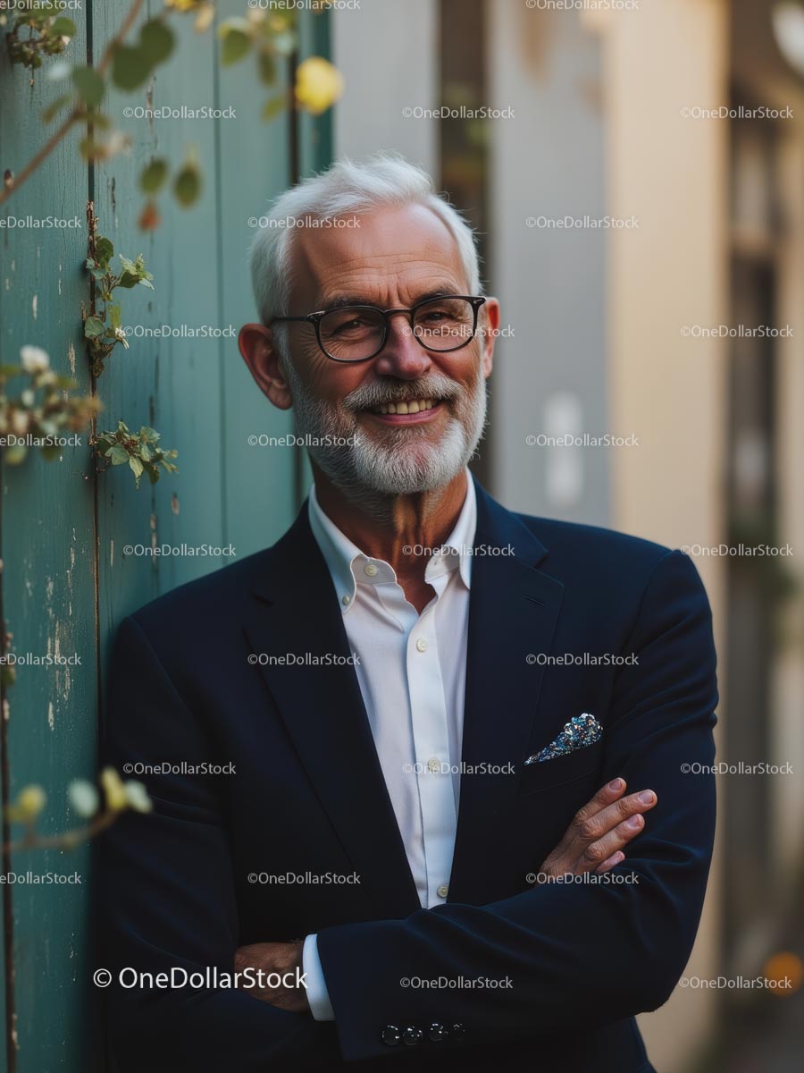 Confident Elderly Man in Stylish Blue Suit Outdoors