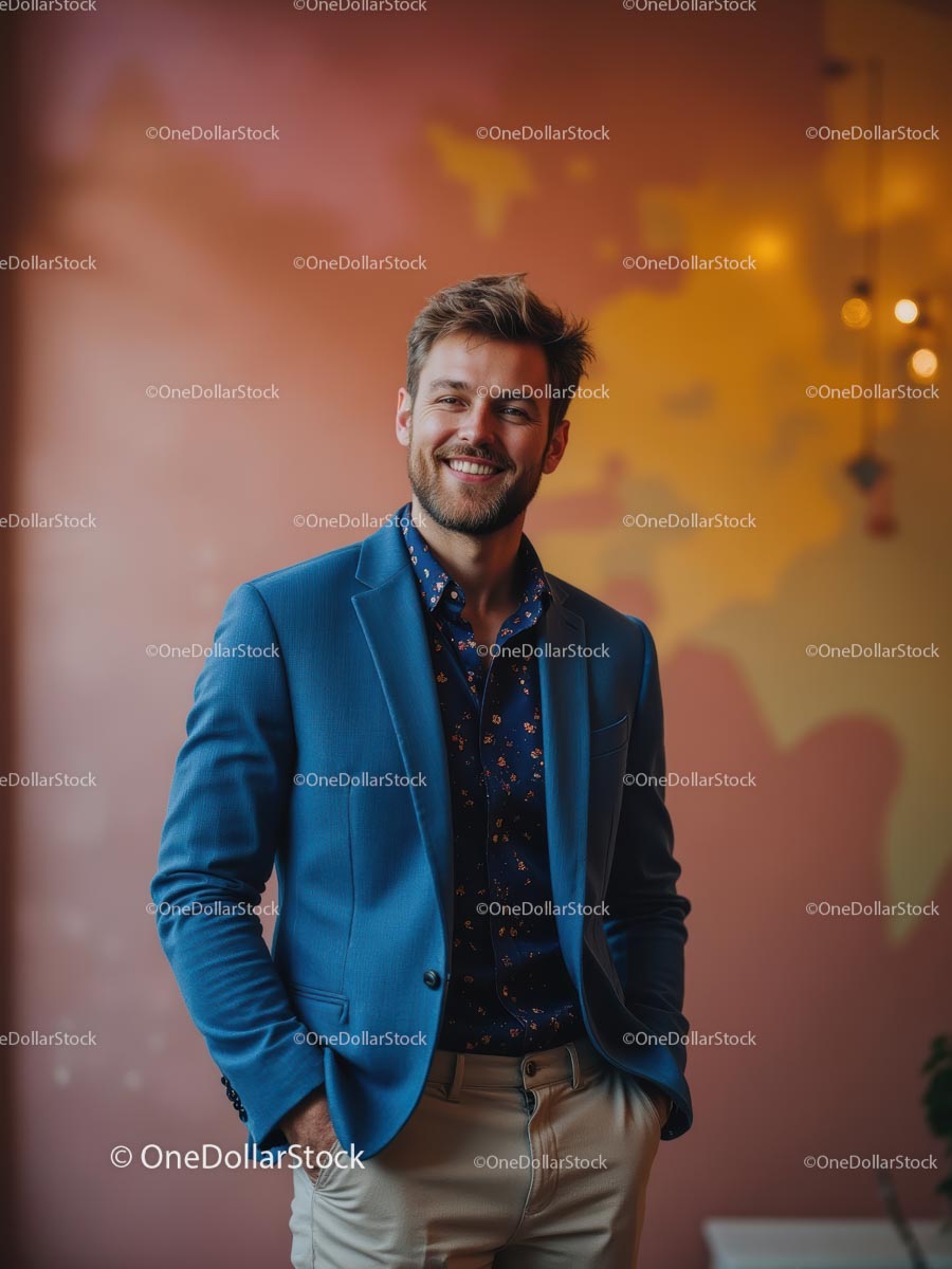 Smiling Man in Blue Blazer Against Vibrant Backdrop