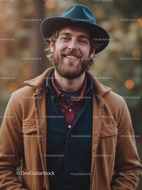 Smiling Man in Hat and Jacket in Natural Setting