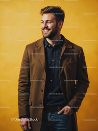 Smiling Man in a Brown Coat Against Yellow Background