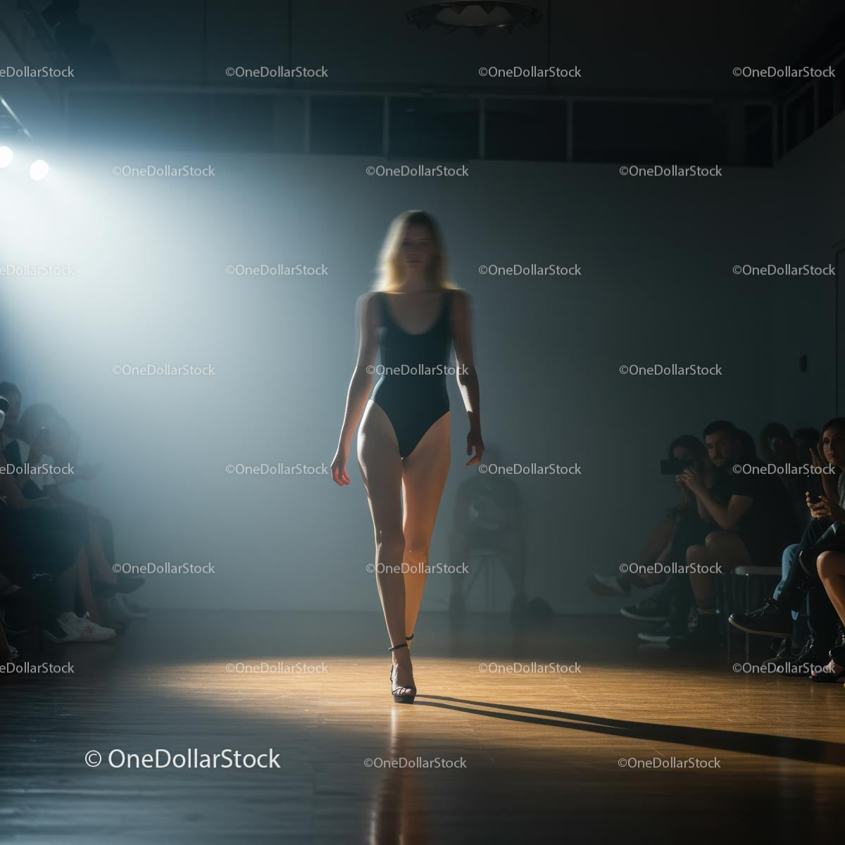 Elegancka modelka na wybiegu w dramatycznym oświetleniu