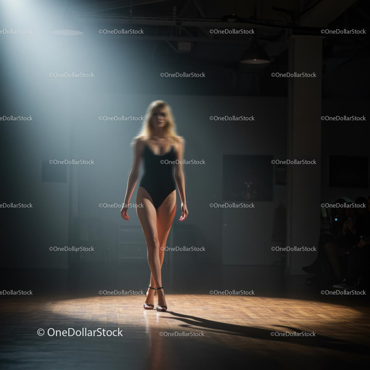 Modelka na wybiegu w dramatycznym świetle reflektorów