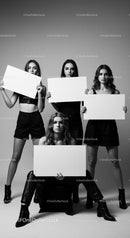 Four Women with Blank Signs in Black and White Studio