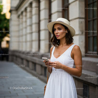 Stylish Woman in White Dress Walking with Smartphone