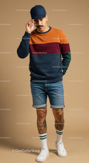 Young Man in Colorful Sweater and Denim Shorts