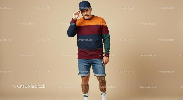 Trendy Man in Colorful Sweater and Denim Shorts