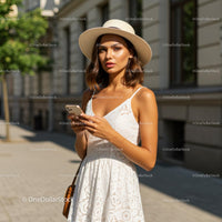 Fashionable Woman in Lace Dress and Straw Hat on City Street