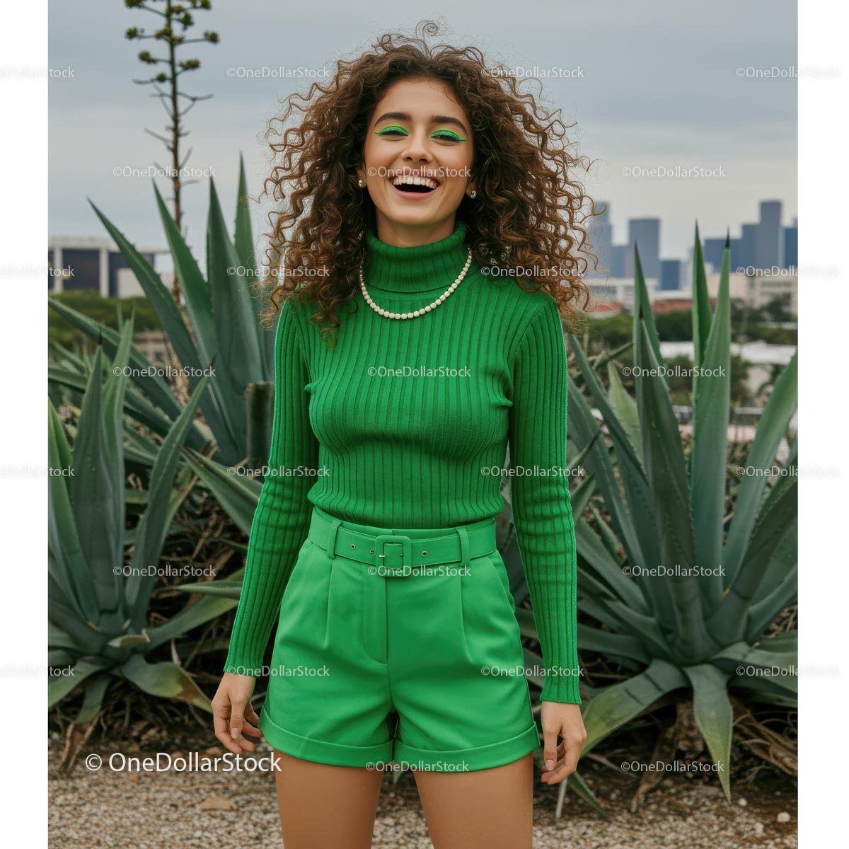 Joyful Woman in Green with Agave and Cityscape