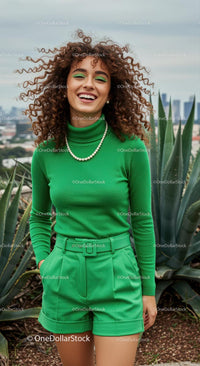 Joyful Woman in Green Outfit with Curly Hair Outdoors