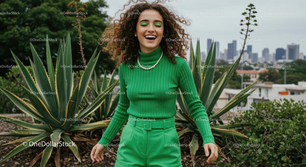 Woman in Green Outfit Smiling in Urban Garden