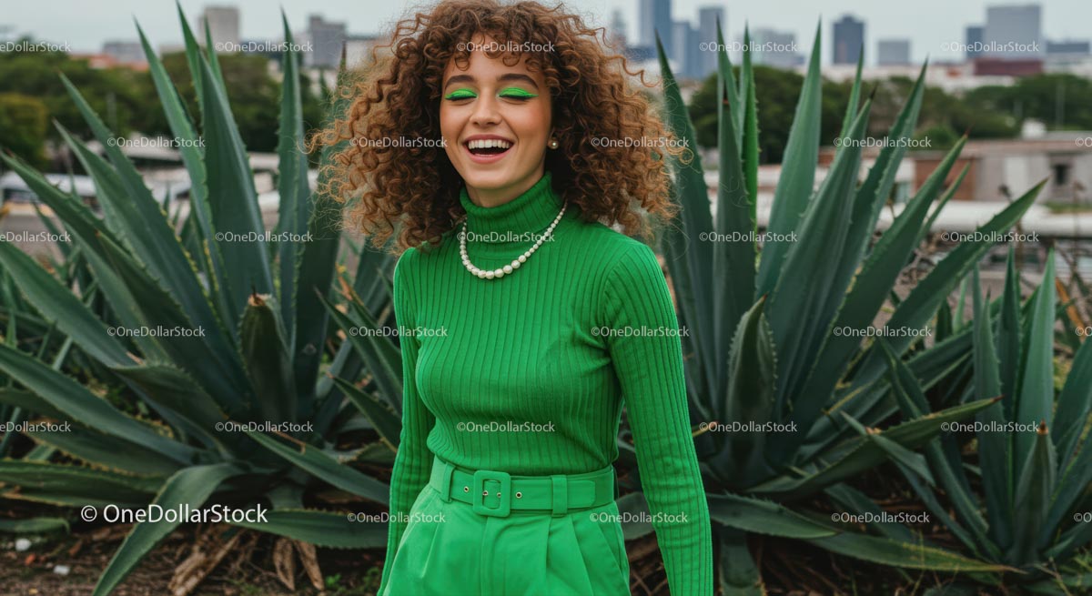 Smiling Woman in Green Outfit with Aloe Plants