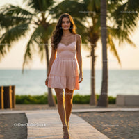 Woman in Pink Dress Strolling on Tropical Beach at Sunset