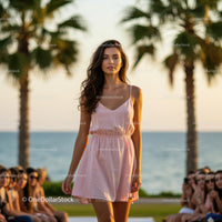Model in Pink Dress Walking on Beachside Runway