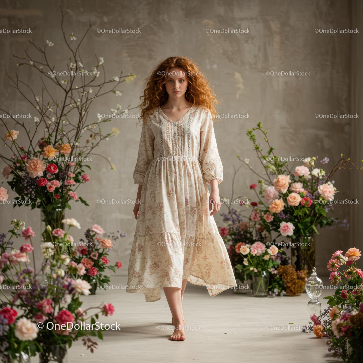 Woman in Vintage Dress Amidst Lush Floral Arrangements