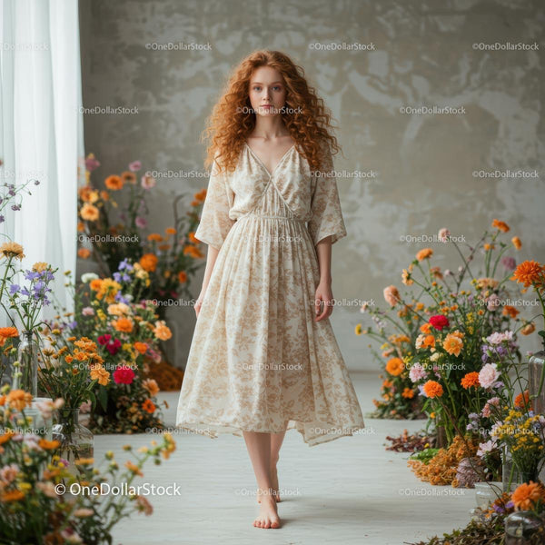 Redhead Woman in Floral Dress Surrounded by Wildflowers