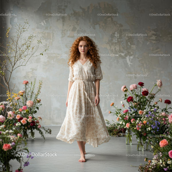 Redhead Woman in Bohemian Dress Surrounded by Wildflowers