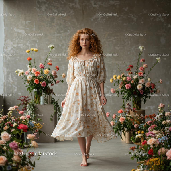 Redhead Woman in Floral Dress Among Blooming Flowers