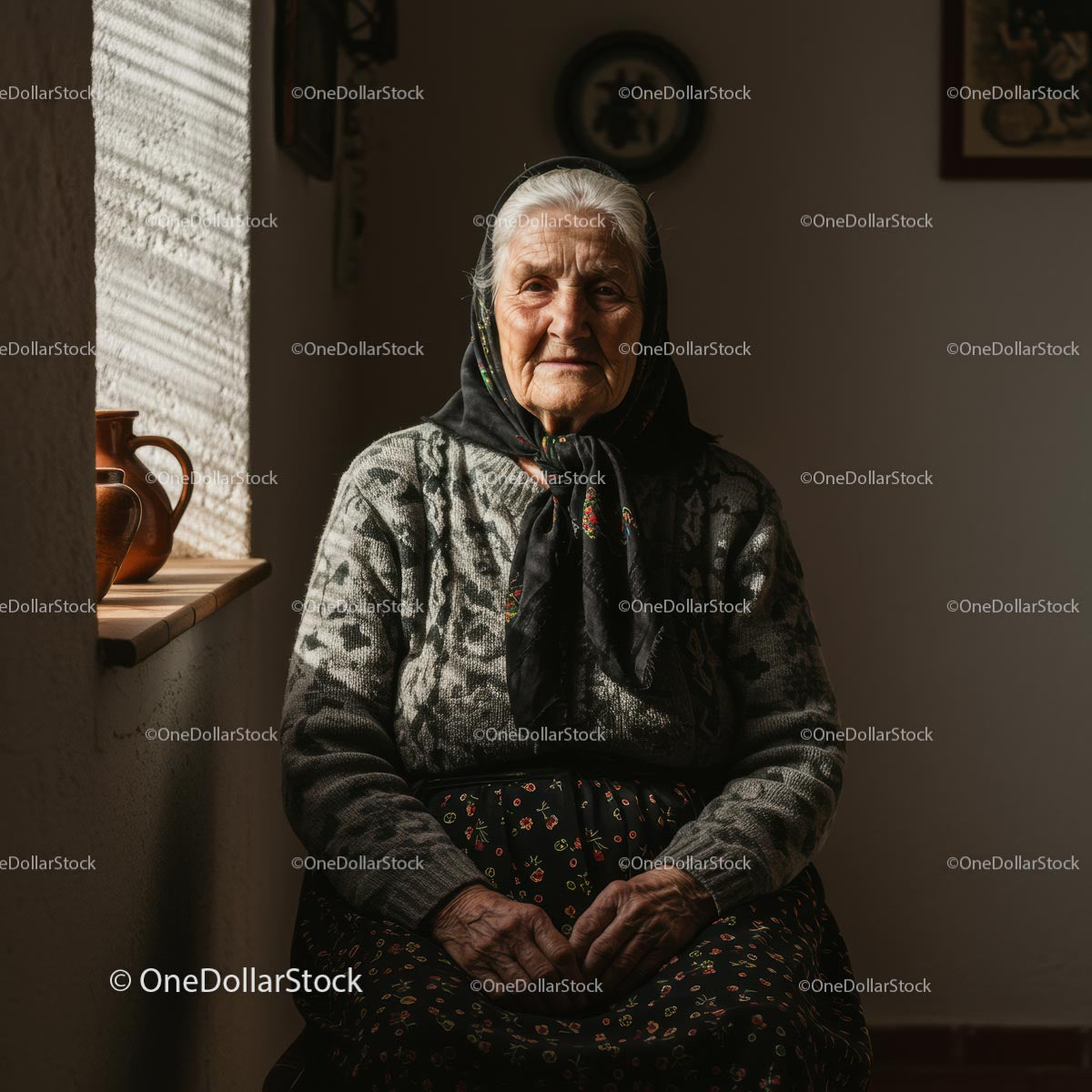 Elderly Woman in Cozy Room with Traditional Attire