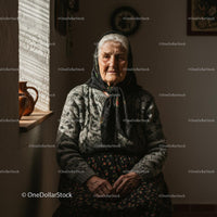Elderly Woman in Cozy Room with Traditional Attire