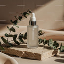 Minimalist Skincare Bottle with Eucalyptus on Stone