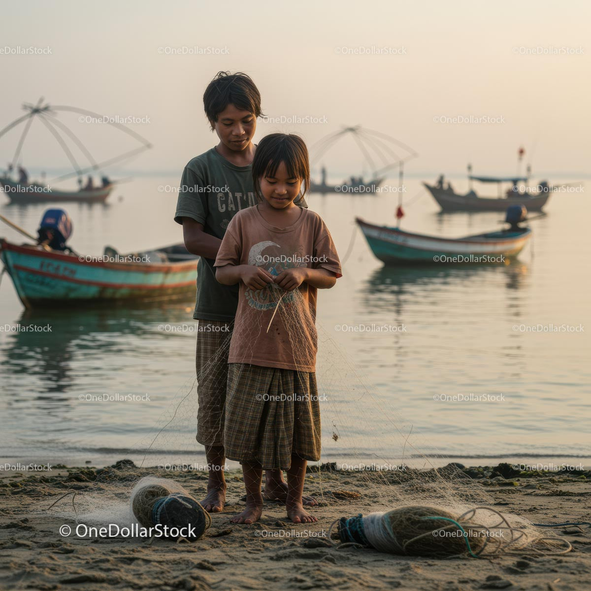 Children Preparing Fishing Nets on a Tranquil Beach