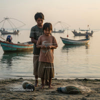 Children Preparing Fishing Nets on a Tranquil Beach