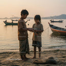 Children Fishing at Sunset on Tranquil Beach