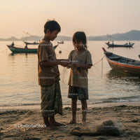 Children Fishing at Sunset on Tranquil Beach