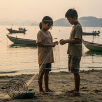 Children Fixing Fishing Net by the Sea at Sunset