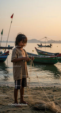 Young Fisherman at Sunset with Traditional Boats