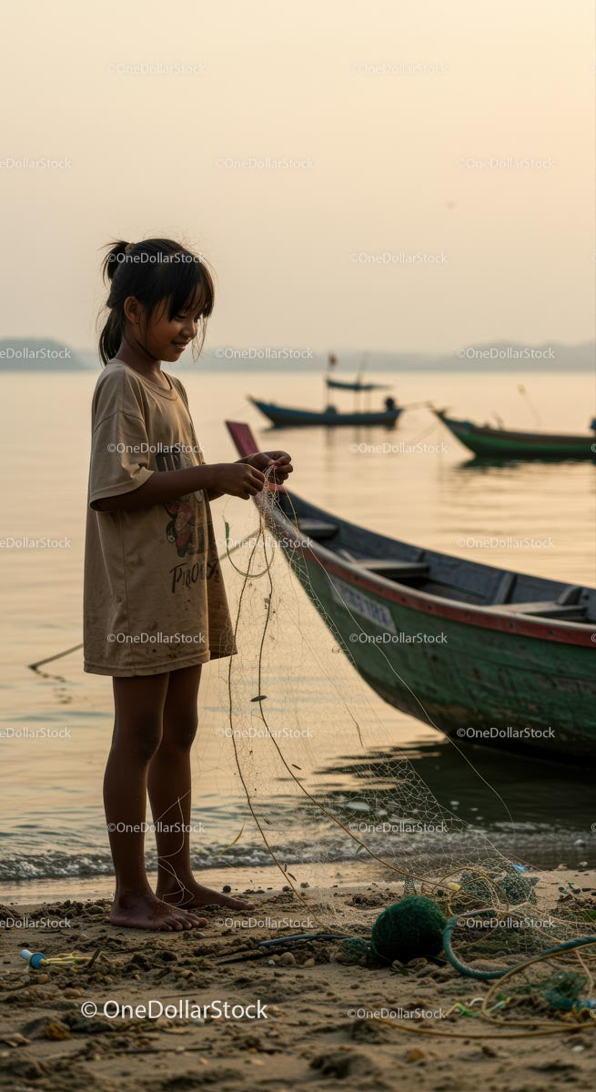 Young Girl Fishing at Sunrise by the Sea