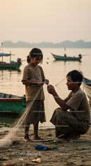 Father and Daughter Preparing Fishing Net by the Sea