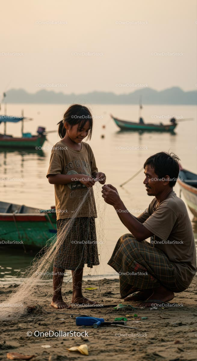 Father and Daughter Preparing Fishing Net by the Sea