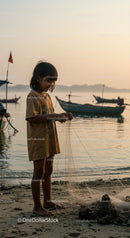 Child Examining Fishing Net on Serene Sunset Beach