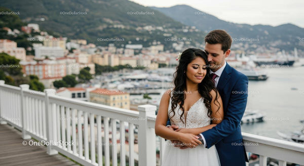 Bride and Groom Embrace with Scenic Ocean View