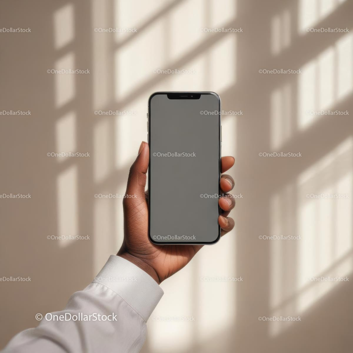 Hand Holding Smartphone with Blank Screen in Sunlit Room