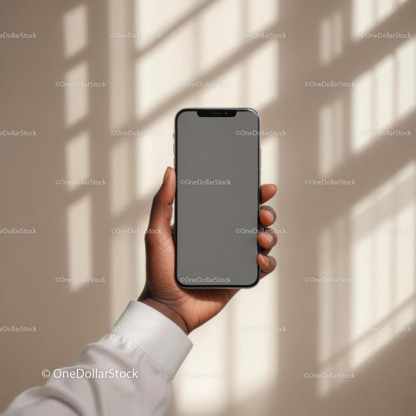 Hand Holding Smartphone with Blank Screen in Sunlit Room JPG Mockup Image