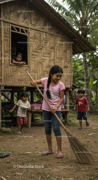 Rural Children Enjoying a Day in a Bamboo Village