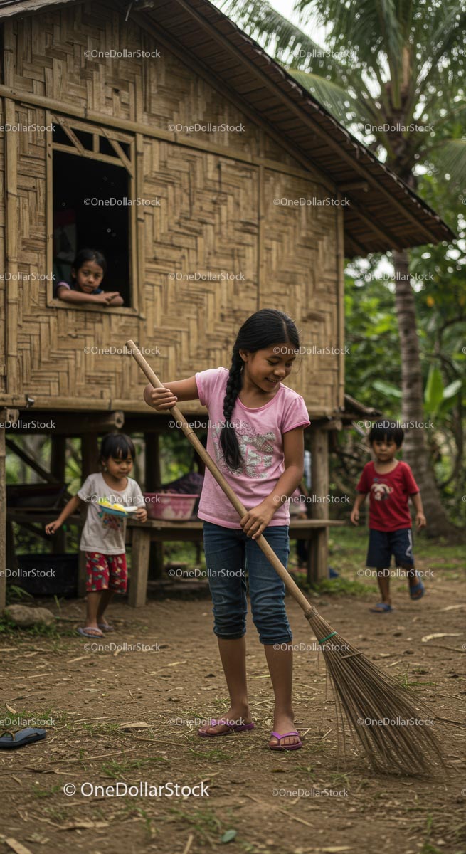Rural Children Enjoying a Day in a Bamboo Village