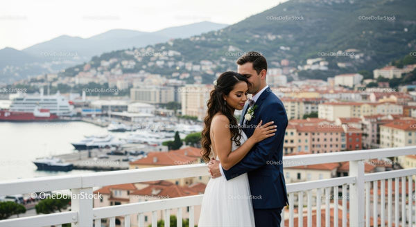 Romantic Wedding Embrace with Scenic City and Marina