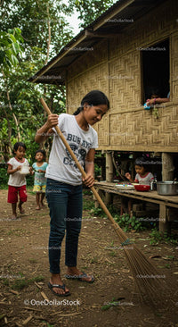 Joyful Village Scene with Children Playing and Girl Sweeping