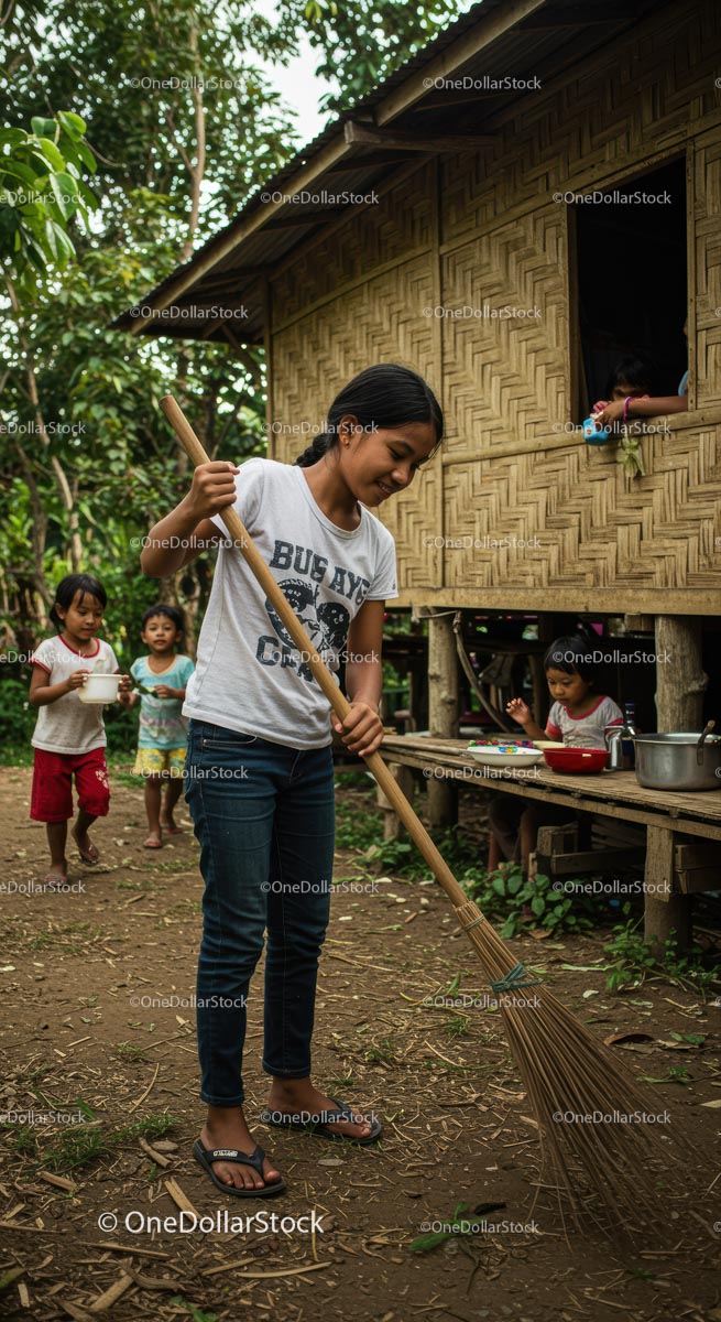 Joyful Village Scene with Children Playing and Girl Sweeping
