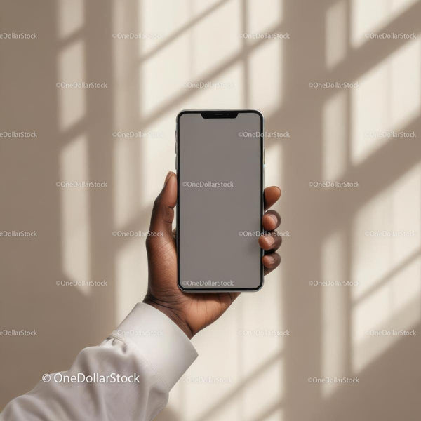 Hand Holding Smartphone with Elegant Light and Shadow JPG Mockup Image