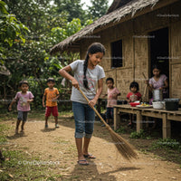 Village Children Engaged in Outdoor Chores